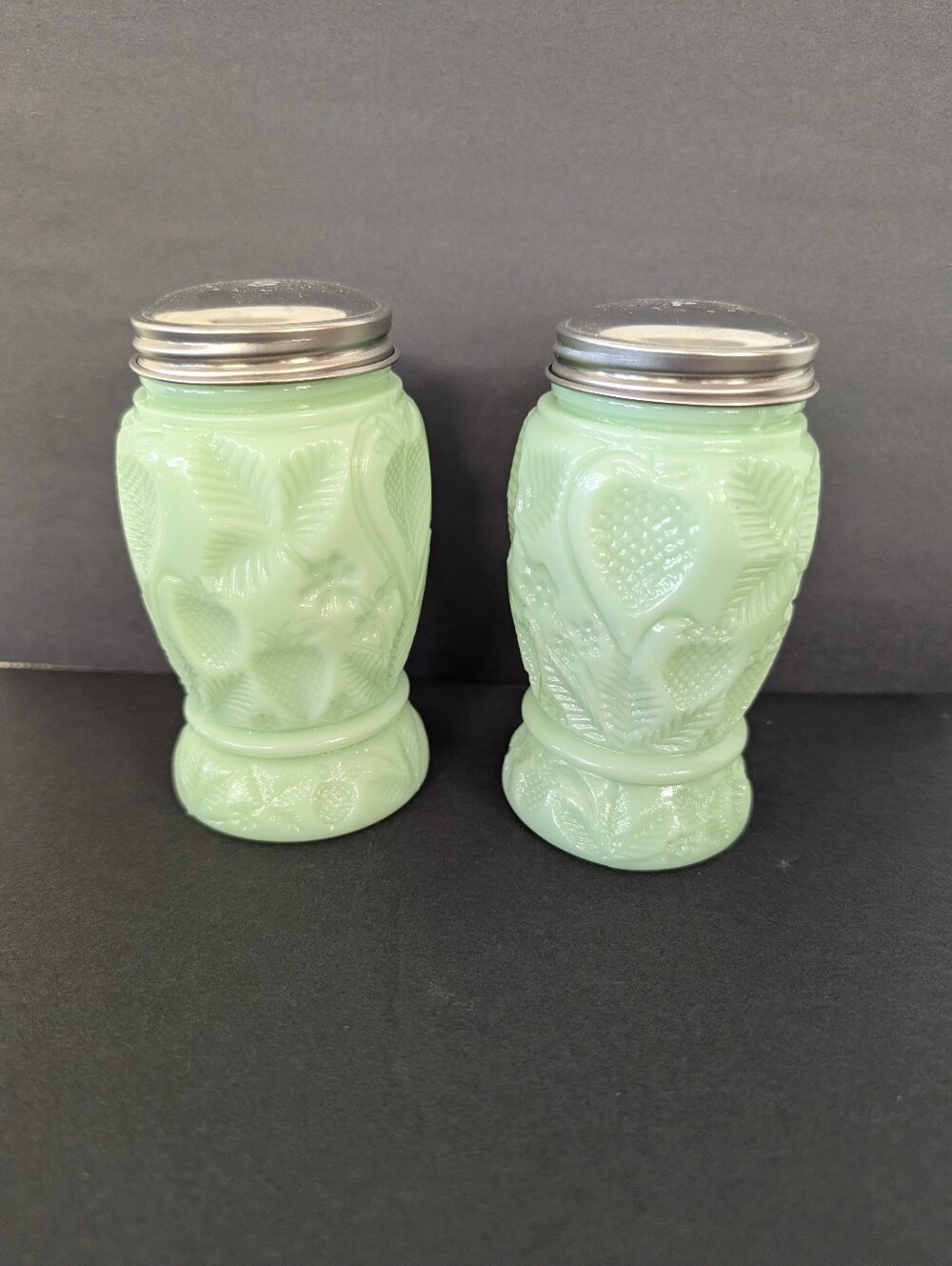 Jadite Green Embossed Glass Salt & Pepper Shakers